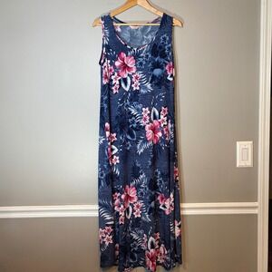 SJS Womens Blue Pink Tropical Hibiscus Floral Sleeveless Maxi Dress Large